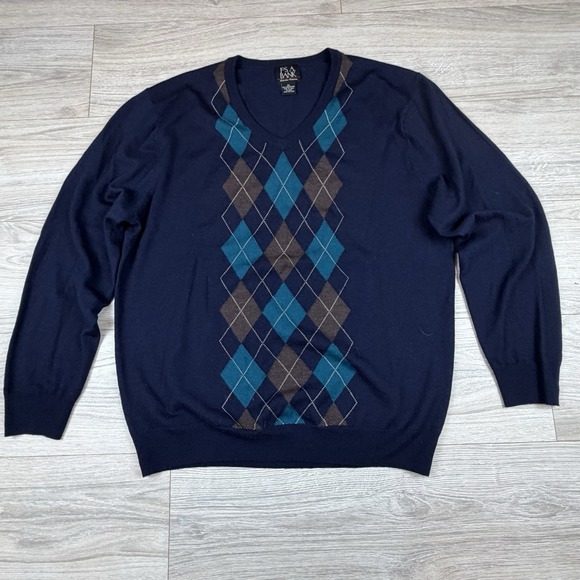 JOS A BANK Other - JOS A BANK Mens XL V-Neck Argyle Merino Wool Sweater Navy Blue Teal Long Sleeve